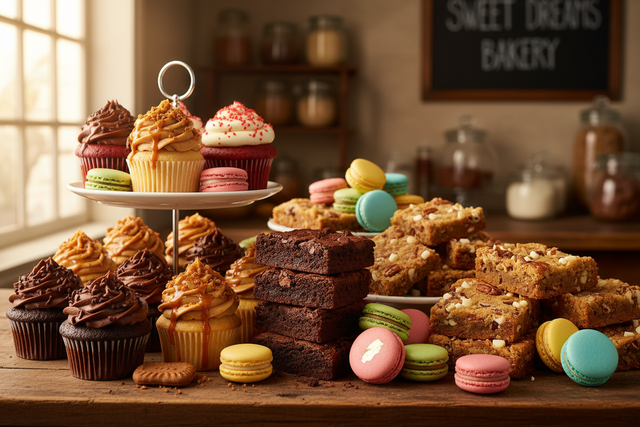 Ladies hand that picks up brownies among other sweet treats